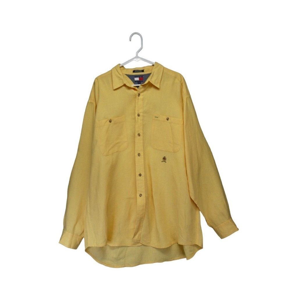 Tommy Hilfiger Mens Long Sleeve Button‎ Up Shirt XL Beige Stripe Linen Blend